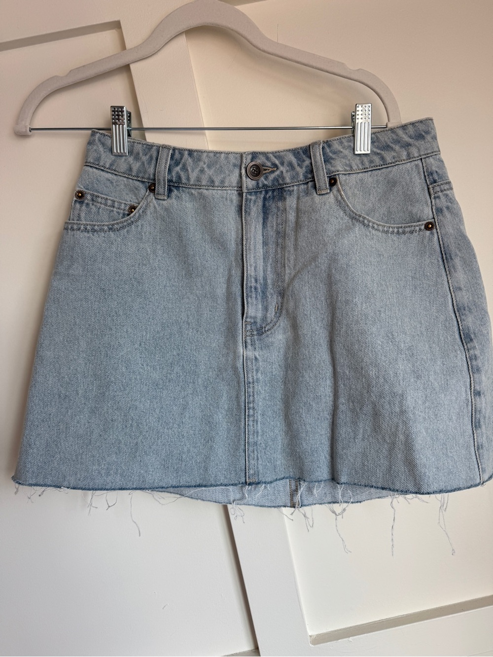 DISSH Light Blue Denim Mini Skirt with Raw Hem